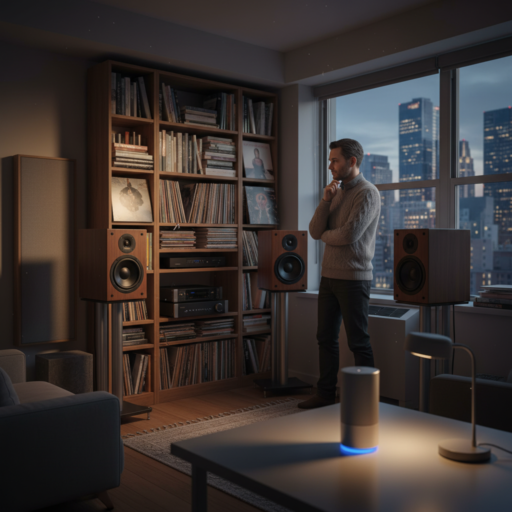 An audiophile in a small apartment looks at large bookshelf speakers that don't fit on the shelf, while a new, compact speaker sits on a desk as a solution.