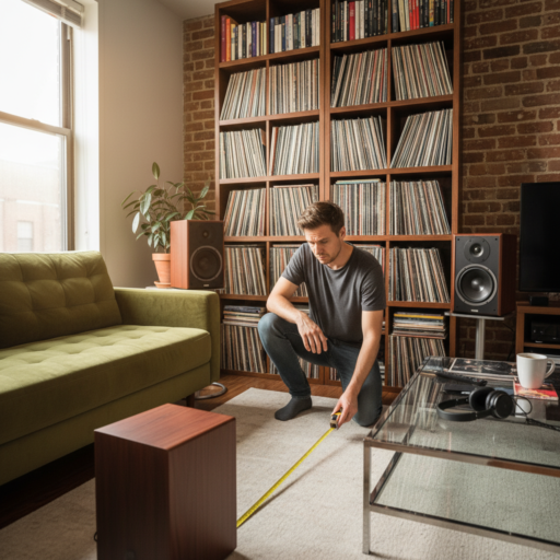 An audiophile in a small, cramped apartment measures the space around his large bookshelf speakers, which won't fit on the full bookshelf behind him.