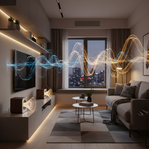 A pair of small, modern bookshelf speakers in a cozy urban apartment create an expansive soundstage visualized as glowing, ethereal waves of light filling the room.
